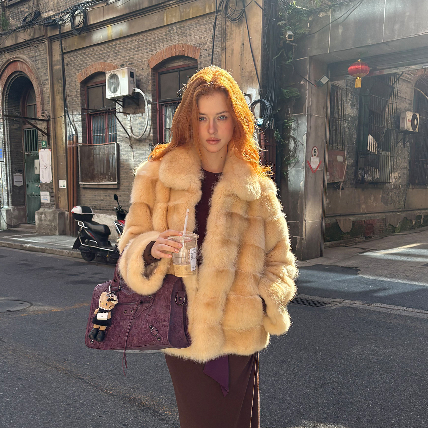 北麋「蜂蜜少女」芬兰进口整皮奶狐狐狸毛背毛横排皮草外套女中长款