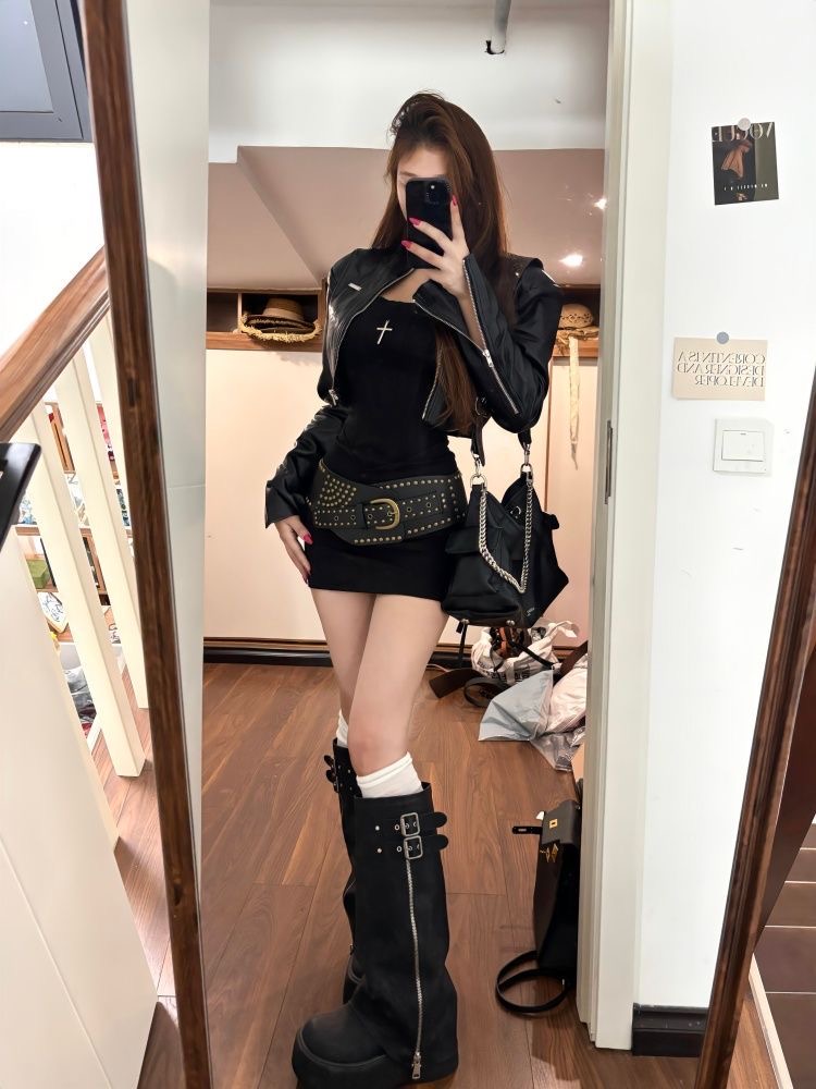 韩版辣妹风工装风暗黑风时尚套装显瘦时尚黑色气质