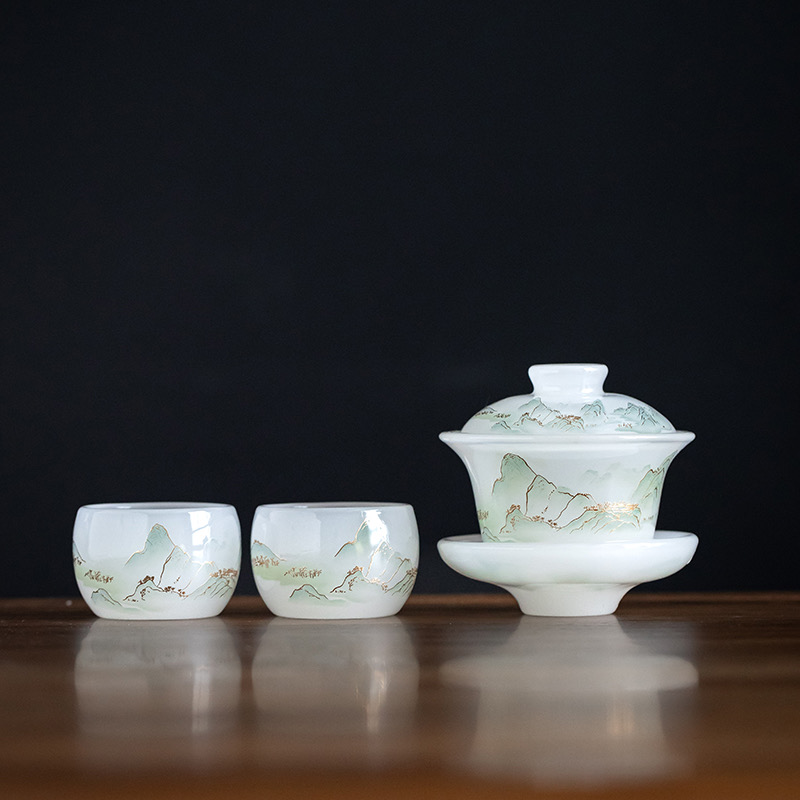 千里江山复古琉璃三才盖碗一盖两杯