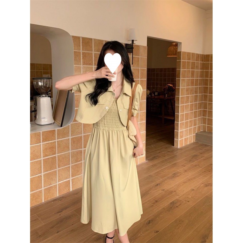 胖mm泡泡袖外套吊带连衣裙两件套女夏季新款气质修身时尚套装裙子