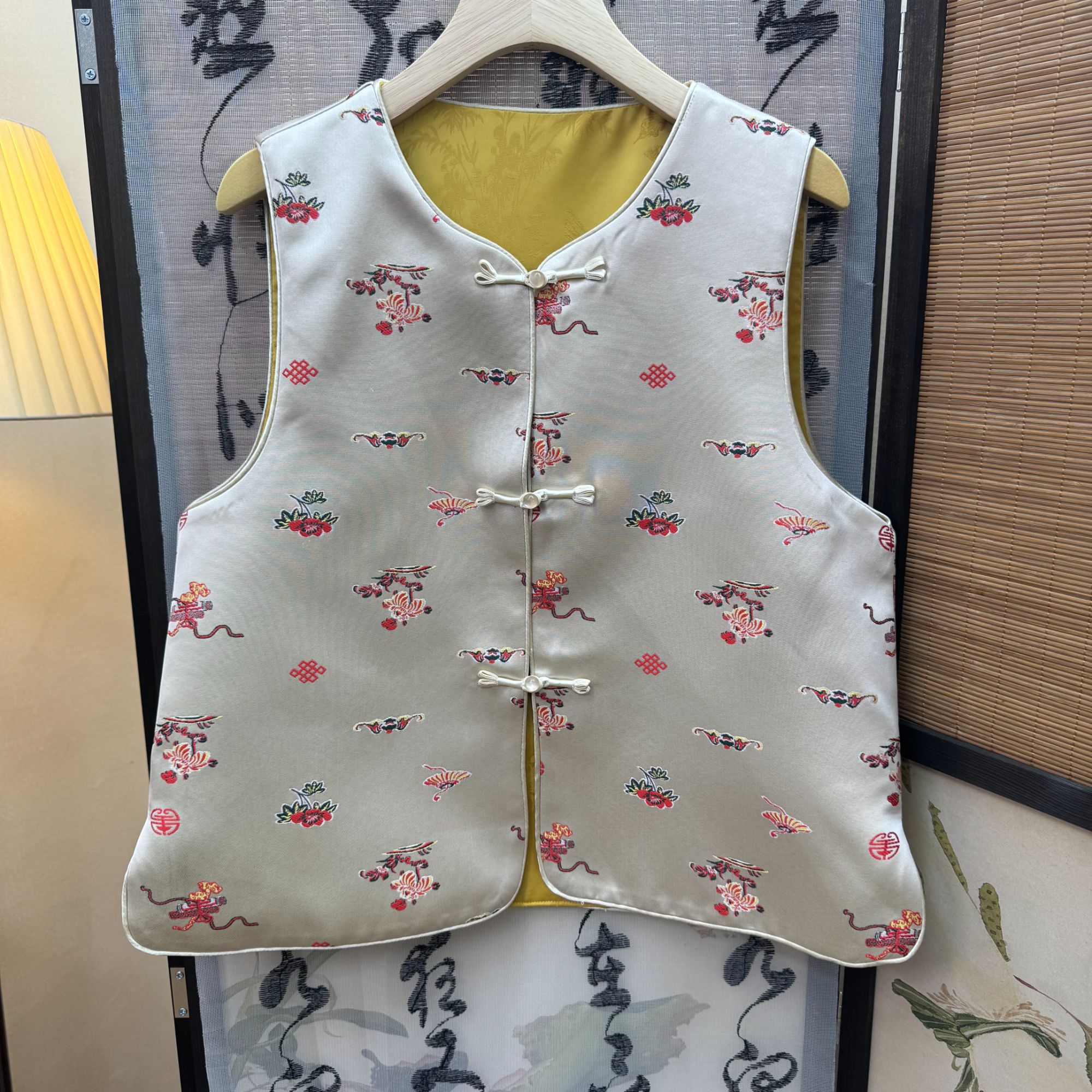 [风浅]马甲马夹时尚双面国风立领绣花黄色