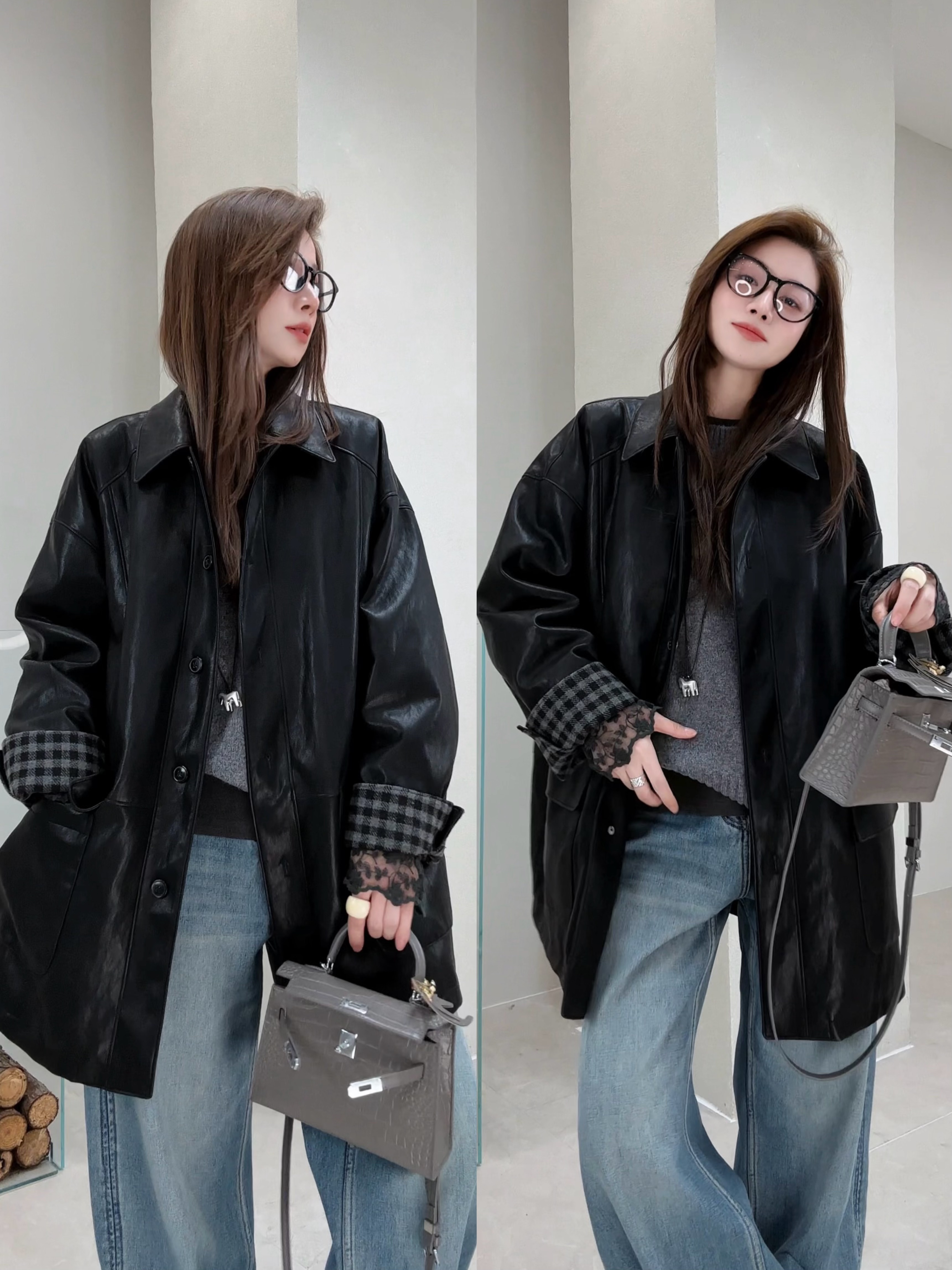 月月 2025新款年货定制极简风格纹手袖百搭皮衣羽绒服 2511C8407