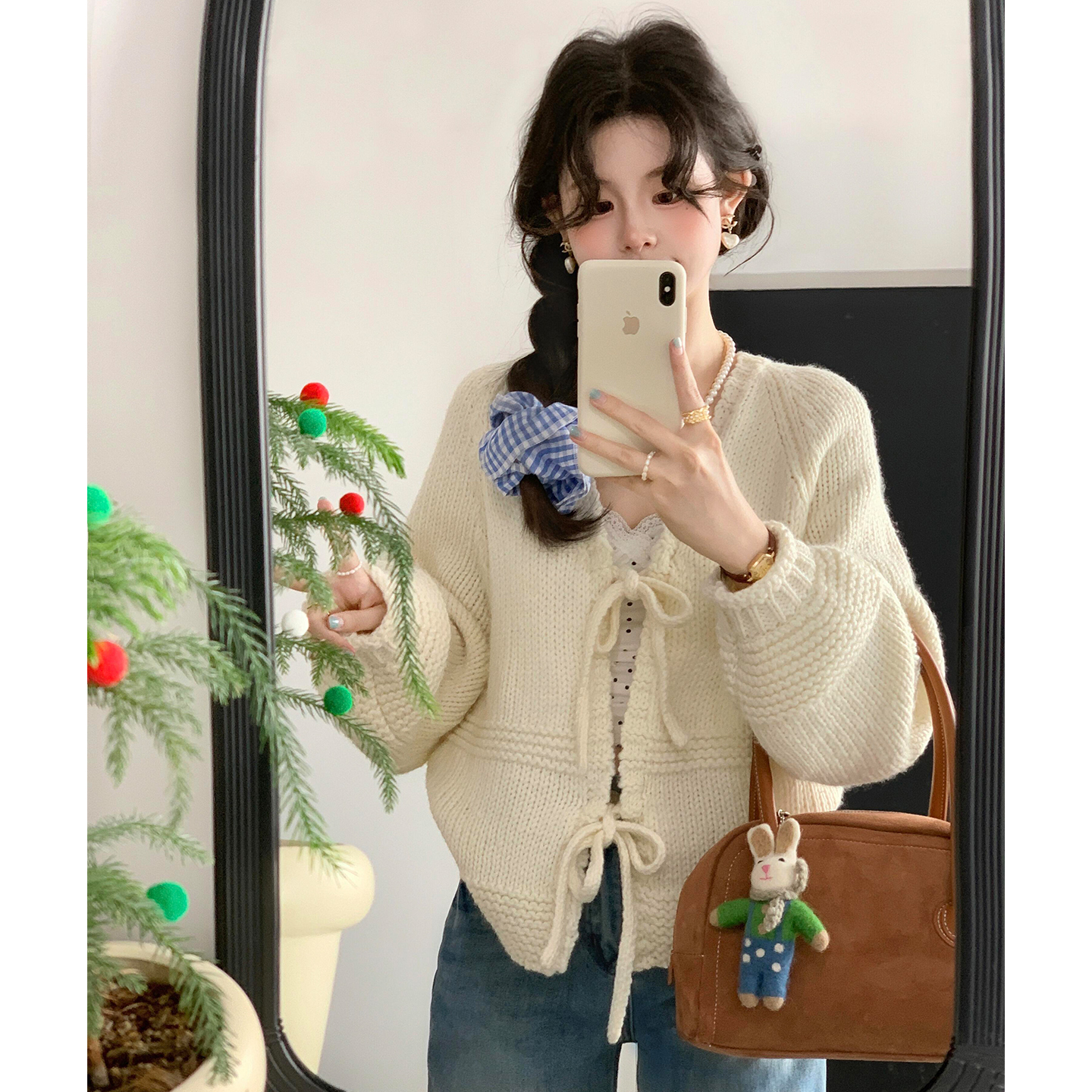 温柔风绑带灯笼袖V领针织开衫女秋季小个子甜美宽松显瘦毛衣外套