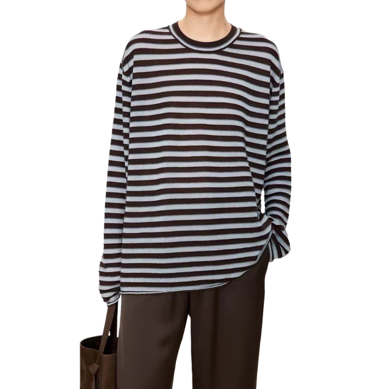 女春秋慵懒风黑白条纹圆领宽松百搭针织衫毛衣打底上衣