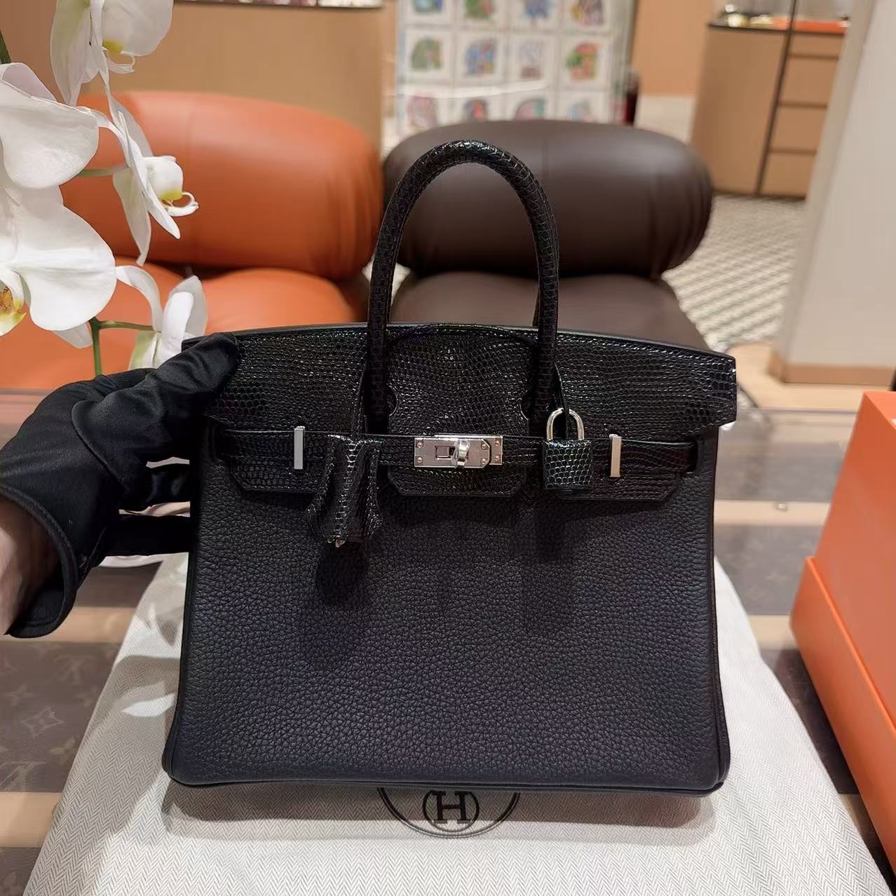 99新 Hermes/爱马仕 Birkin25 Touch黑银 togo拼蜥蜴皮 U刻
