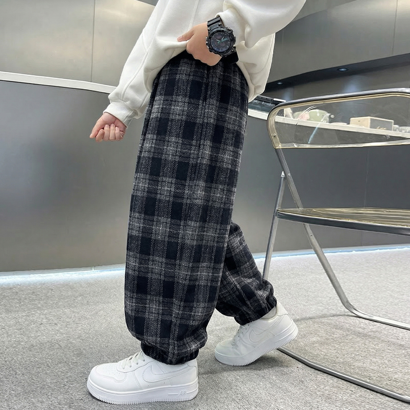 男童加绒裤子秋冬2025新款洋气儿童一体绒格子裤男孩韩版冬装长裤