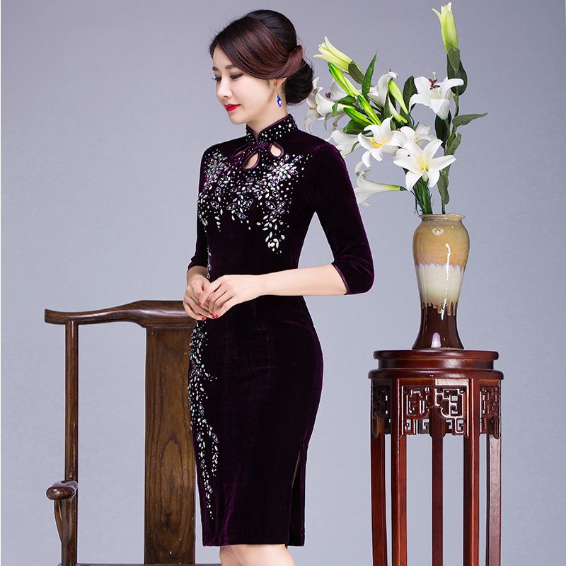 春秋季复古手工钉珠短款旗袍金丝绒连衣裙显瘦礼服喜妈妈婚宴装