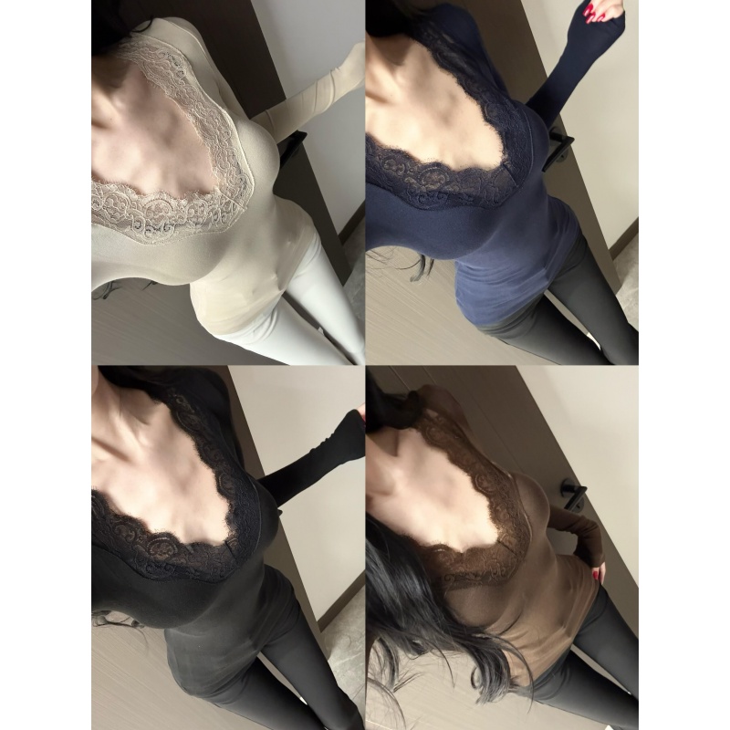 2025年冬季新款加绒高级设计感蕾丝V领长袖打底衫女内搭显瘦上衣