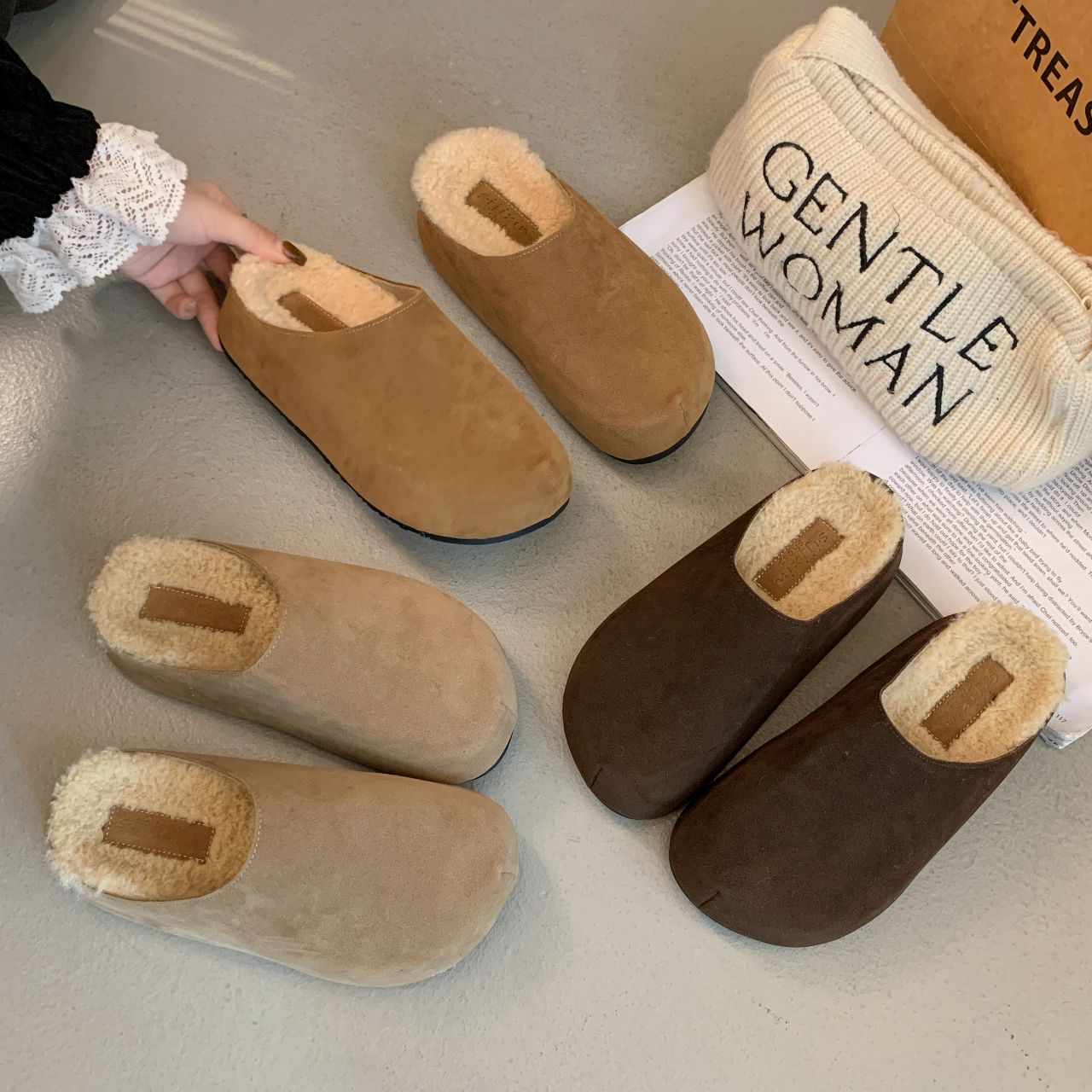 ZZ【5厘米羊羔绒勃肯 】光版复古休闲懒人半托加绒博肯女鞋保暖