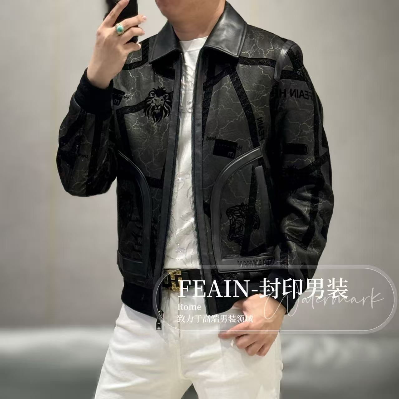 【真皮拼接】高端男士激光雕花植绒真皮拼接加棉夹克8102