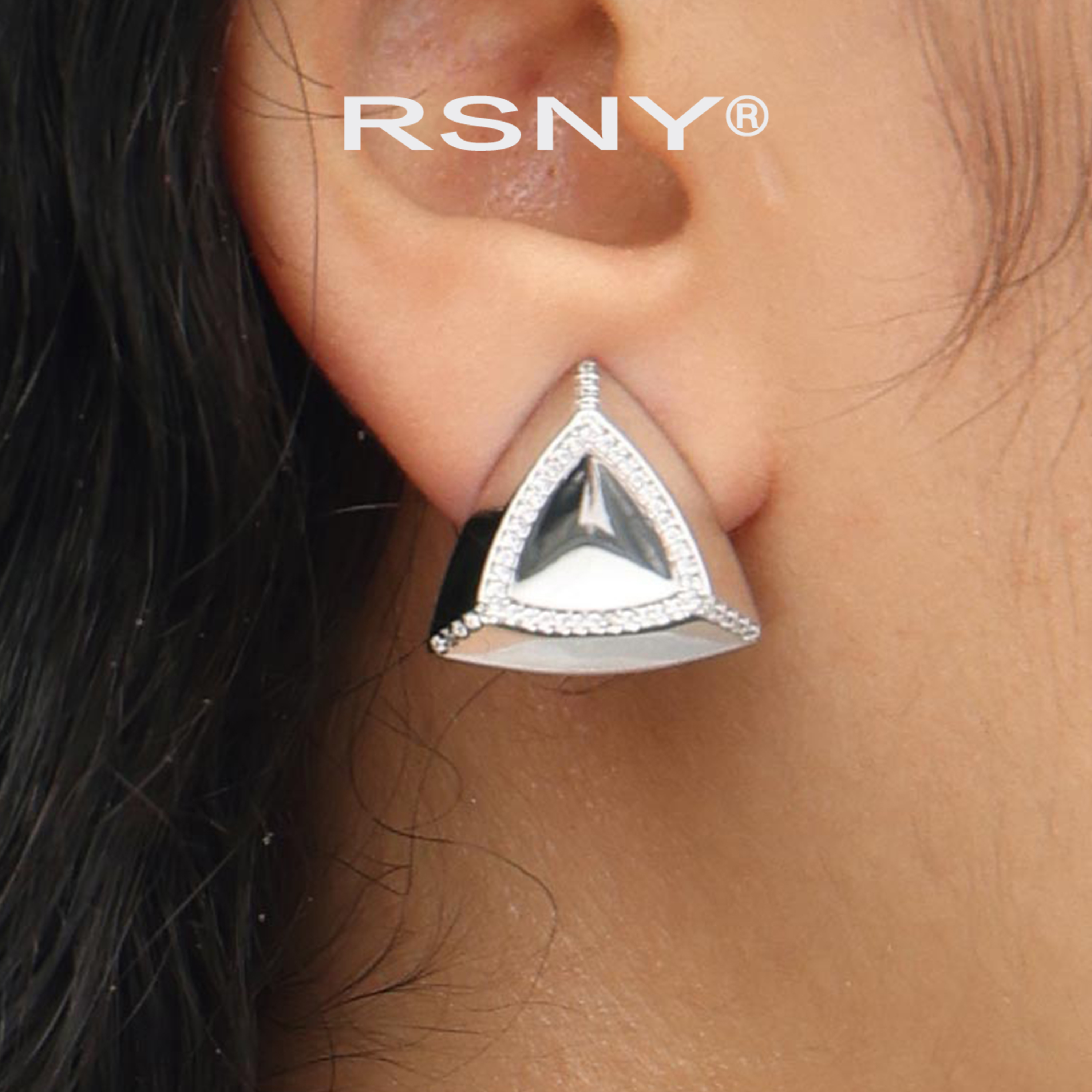 铜合金合成锆石耳饰 RSNY三角形钻型耳钉女设计感轻奢2025新款