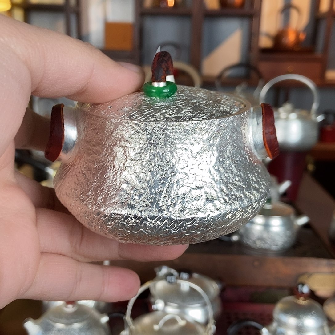 纯手工制作茶壶铜底银衣壶