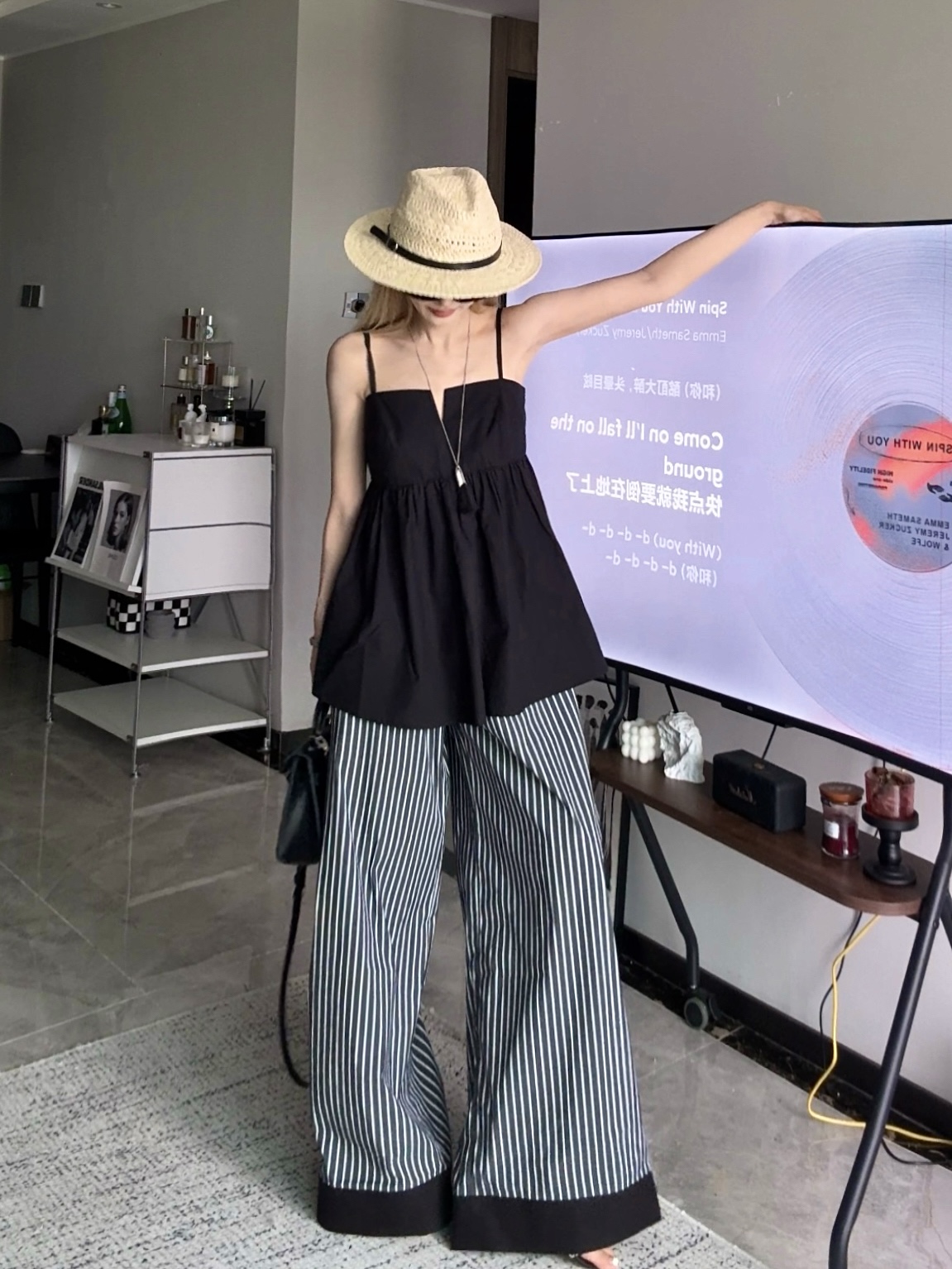 【一只骨头SEE】夏季翻边条纹百搭宽松松紧腰阔腿直筒裤女 A6159