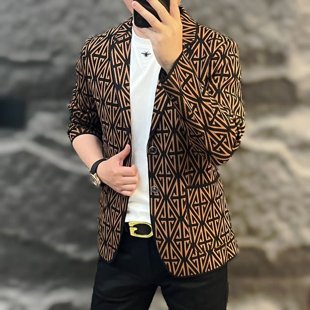 新款高端男士潮流百搭个性图案休闲针织西服RT26031