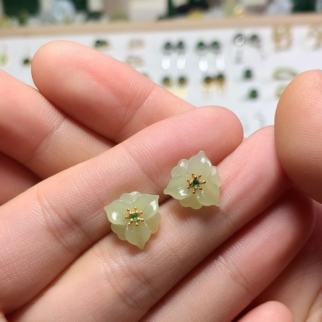银S925镀金镶嵌和田玉（黄玉）耳饰青****瑰