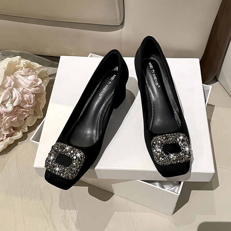 浅口高跟鞋方头粗跟水钻黑色性感气质百搭职业上班久站不累脚鞋子