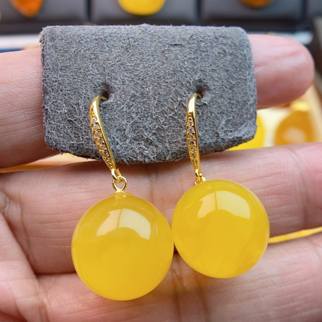 琥珀耳饰银S925镀金镶嵌