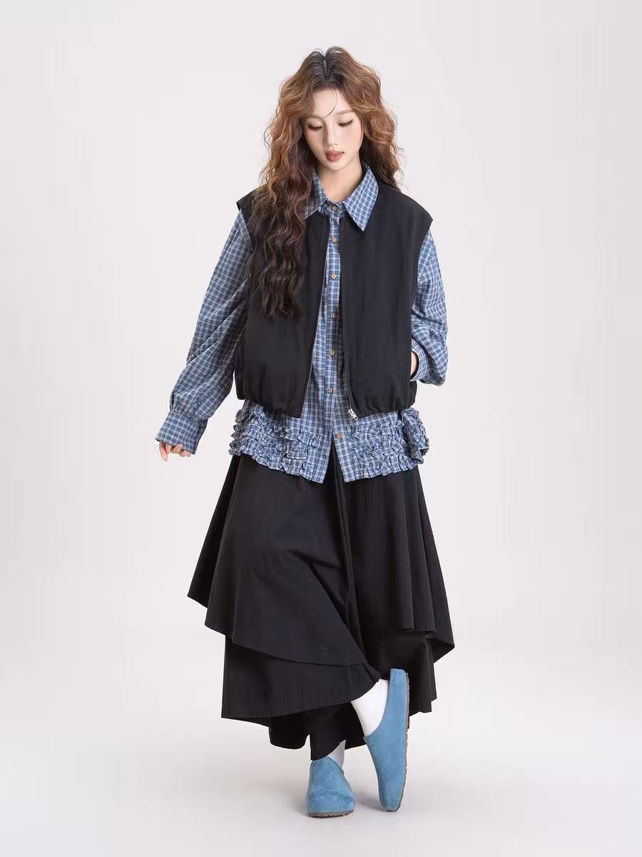 黑色工装叠穿马甲女2025年秋季新款宽松显瘦百搭休闲无袖短外套潮