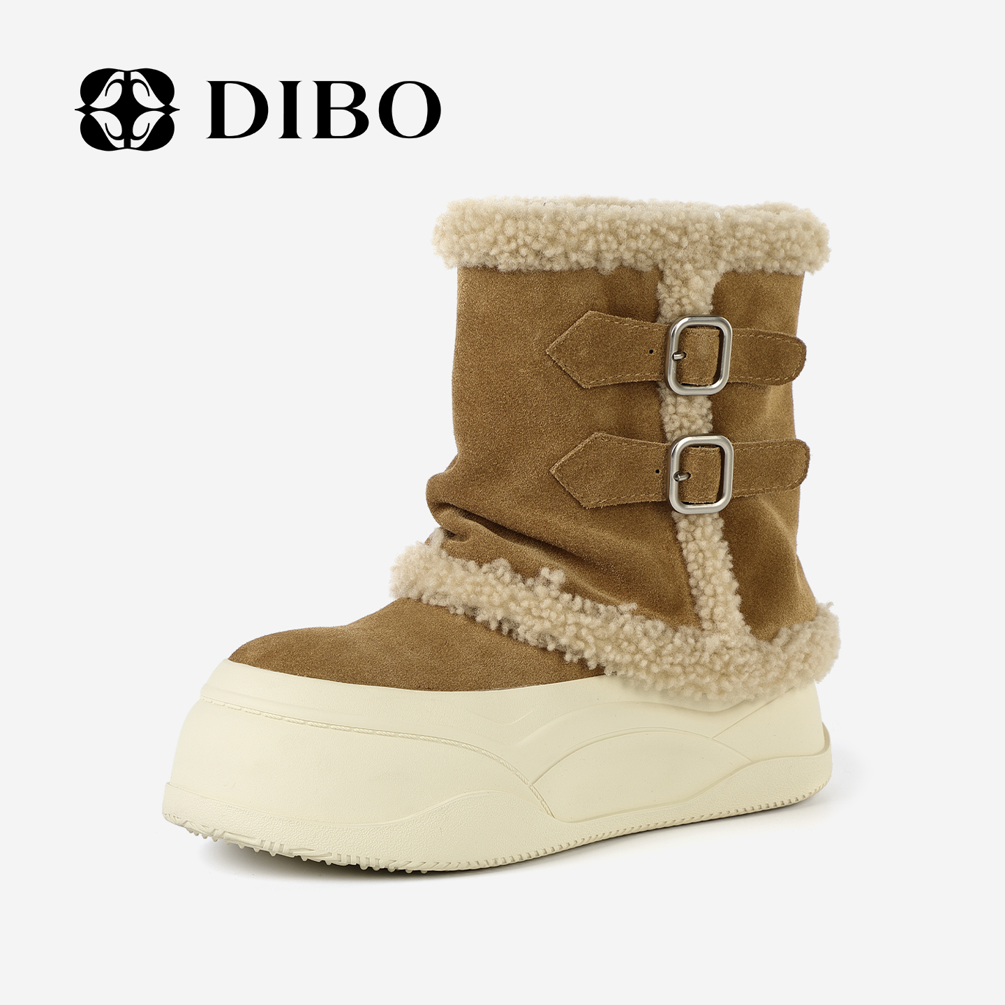 DIBO碲铂 暖绒型格 松糕底加绒雪地靴双皮带扣中筒女鞋25418661