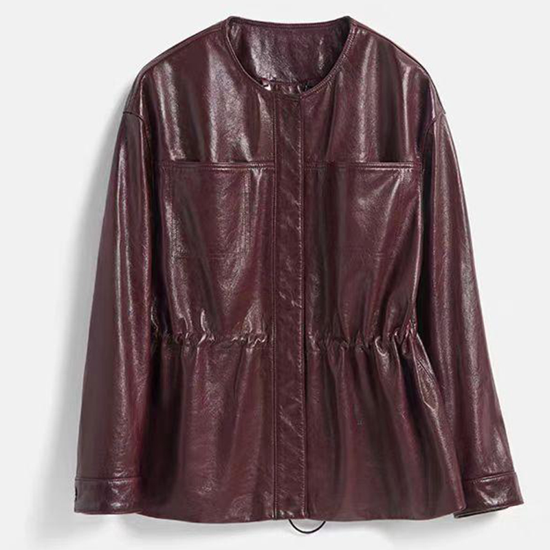 正绒羊皮绒面园领短款真皮皮衣女春秋新款机车外套女高光油蜡2569