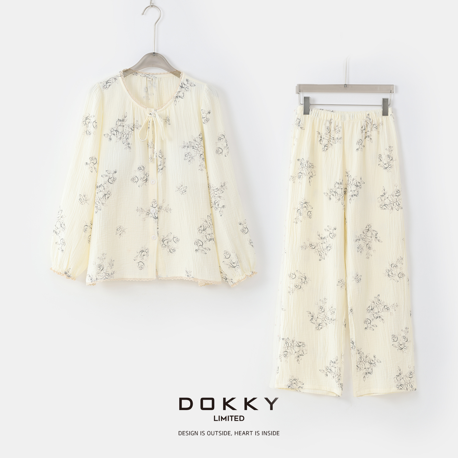 Dokky「朝花夕拾」定纺双层棉纱.自带胸垫懒人家居服睡衣套装LA0416