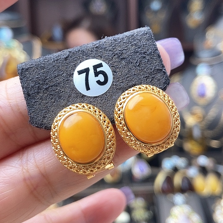 琥珀耳饰银S925镶嵌耳环