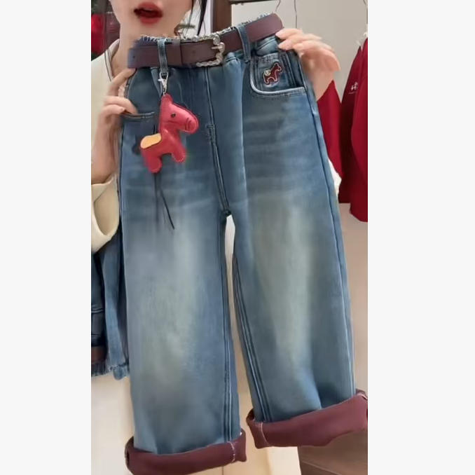 【 马上如愿 】女童冬季加绒休闲裤红色小马洋气保暖直筒裤11961