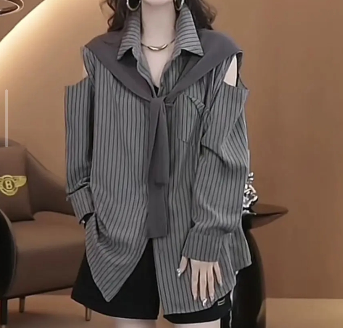 9628（302）时尚宽松遮肉条纹拼色可拆卸披肩中长款衬衫