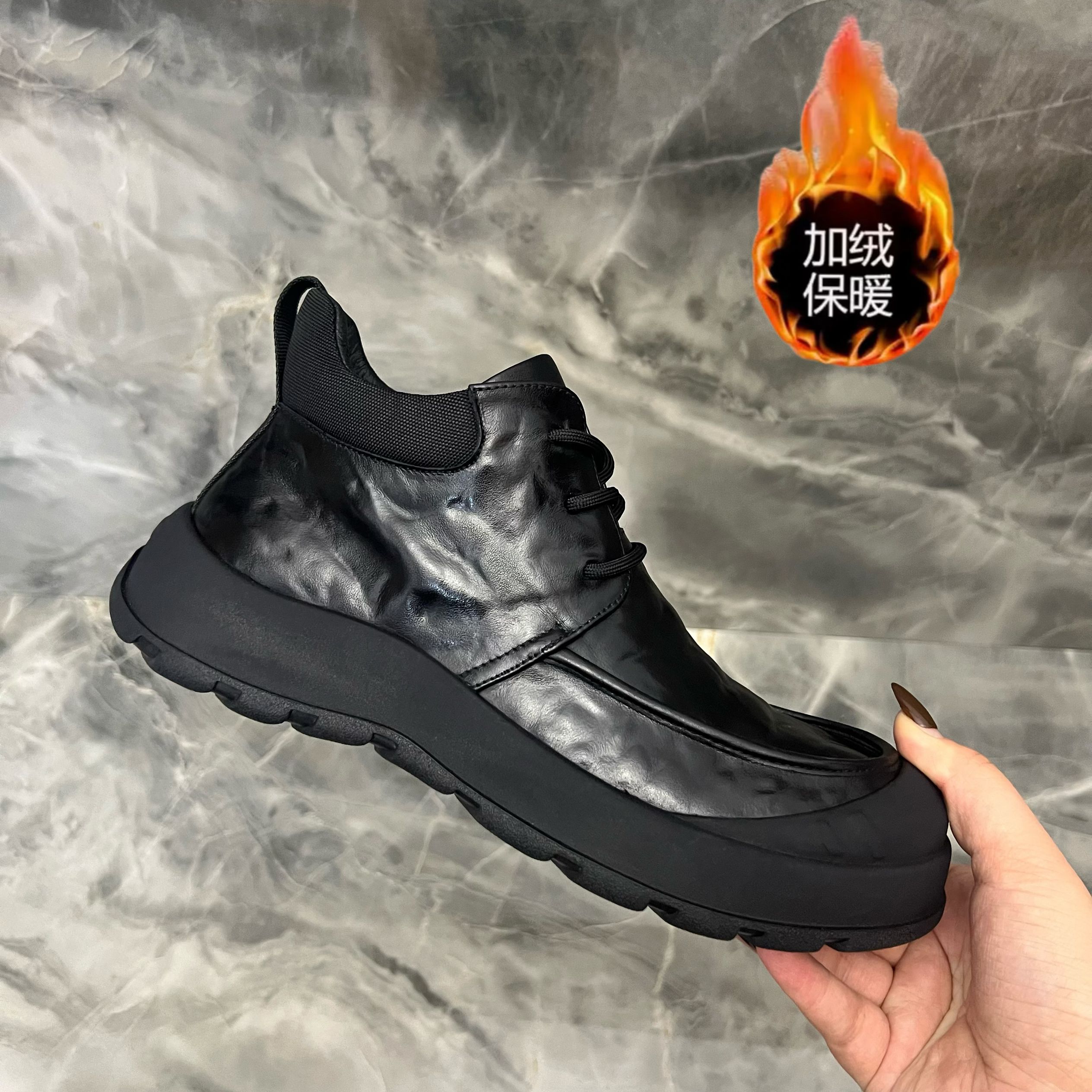 【头层牛皮】S1799-1冬季新款男鞋中帮休闲皮鞋防滑加绒保暖棉鞋