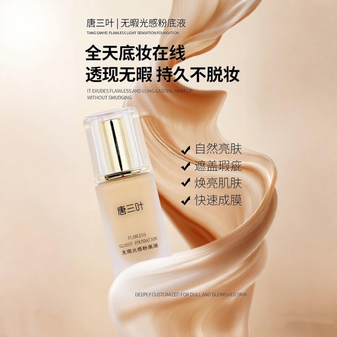 唐三叶无瑕光感粉底液保湿细腻遮瑕轻盈贴肤持妆无瑕