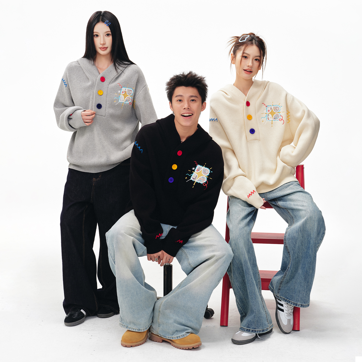 BIPOLAR【轻滑装】彩点流苏连帽针织衫秋冬宽松潮流保暖16S183 