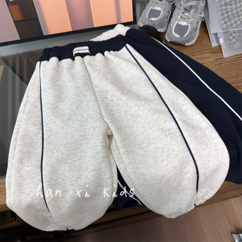 裤型赞！韩国男女童洋气卡绳宽松加绒卫裤儿童撞色松紧腰运动裤冬