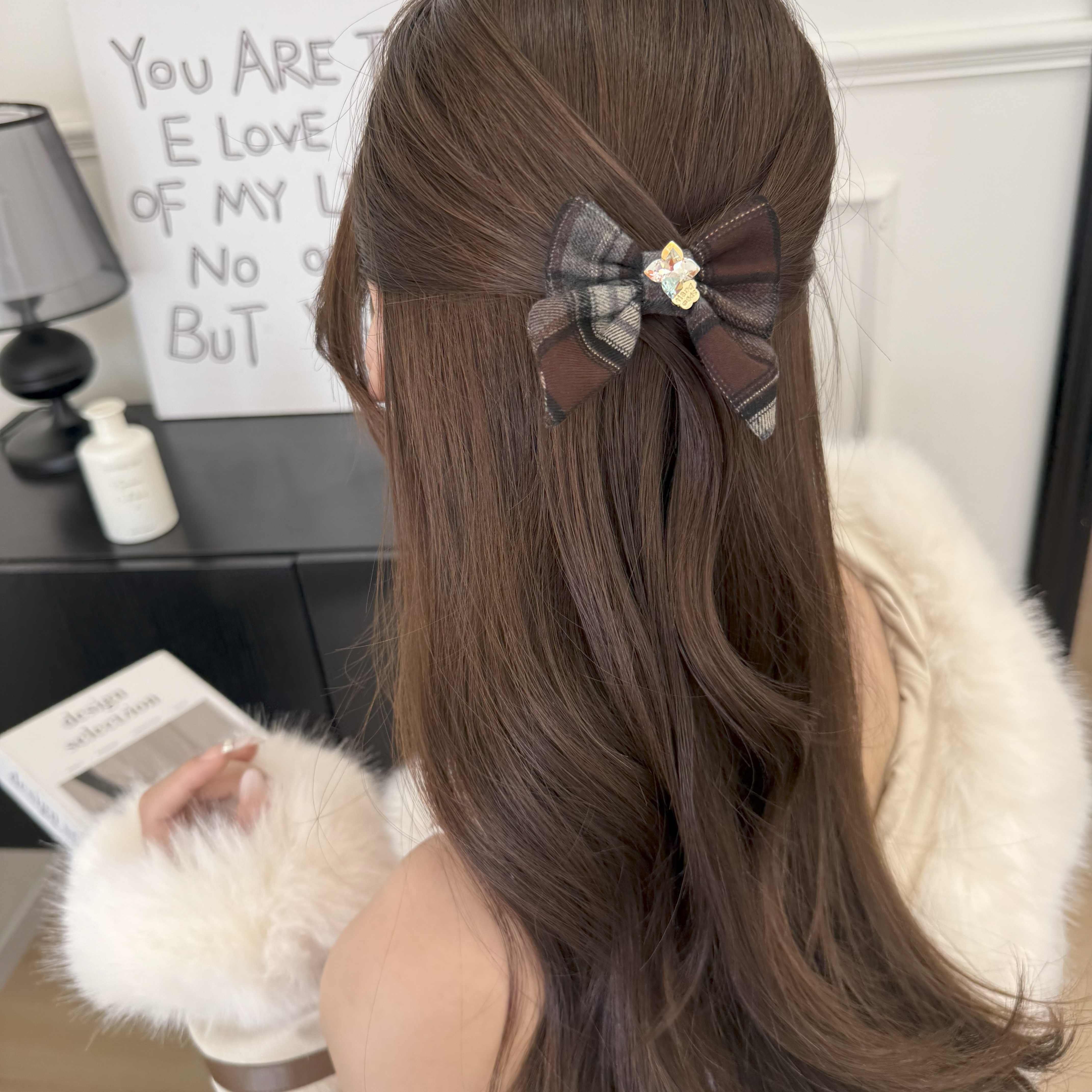 【流光牧野】精品水晶绒感咖色格子蝴蝶结百搭六公分压夹4613