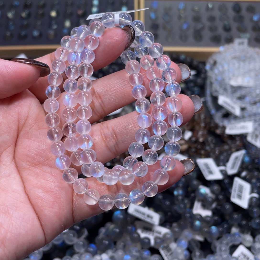 月光石手链未镶嵌ｕ***气冰透体蓝月光手链多圈6.5mm