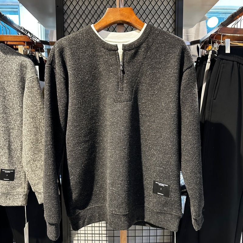 【假两件】秋冬纯色圆领针织毛衣男士宽松百搭打底套头上衣25027