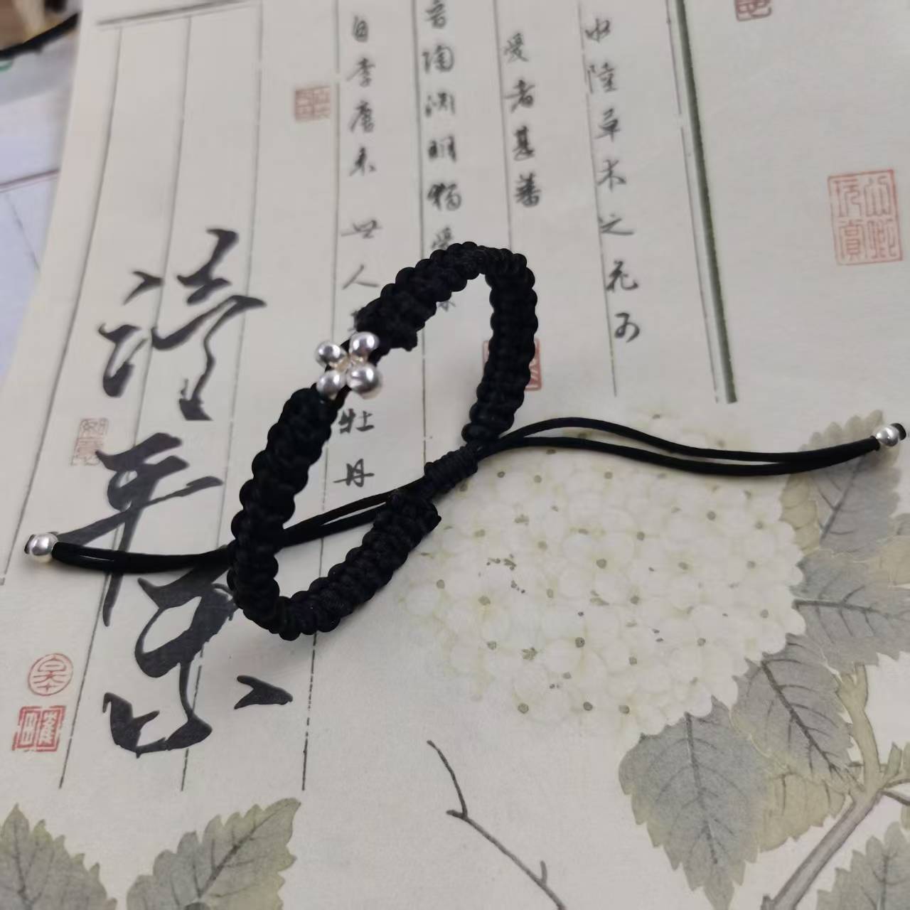 足银手链 足银四叶草手链黑色编织纯手工编绳可调节时尚百搭简约