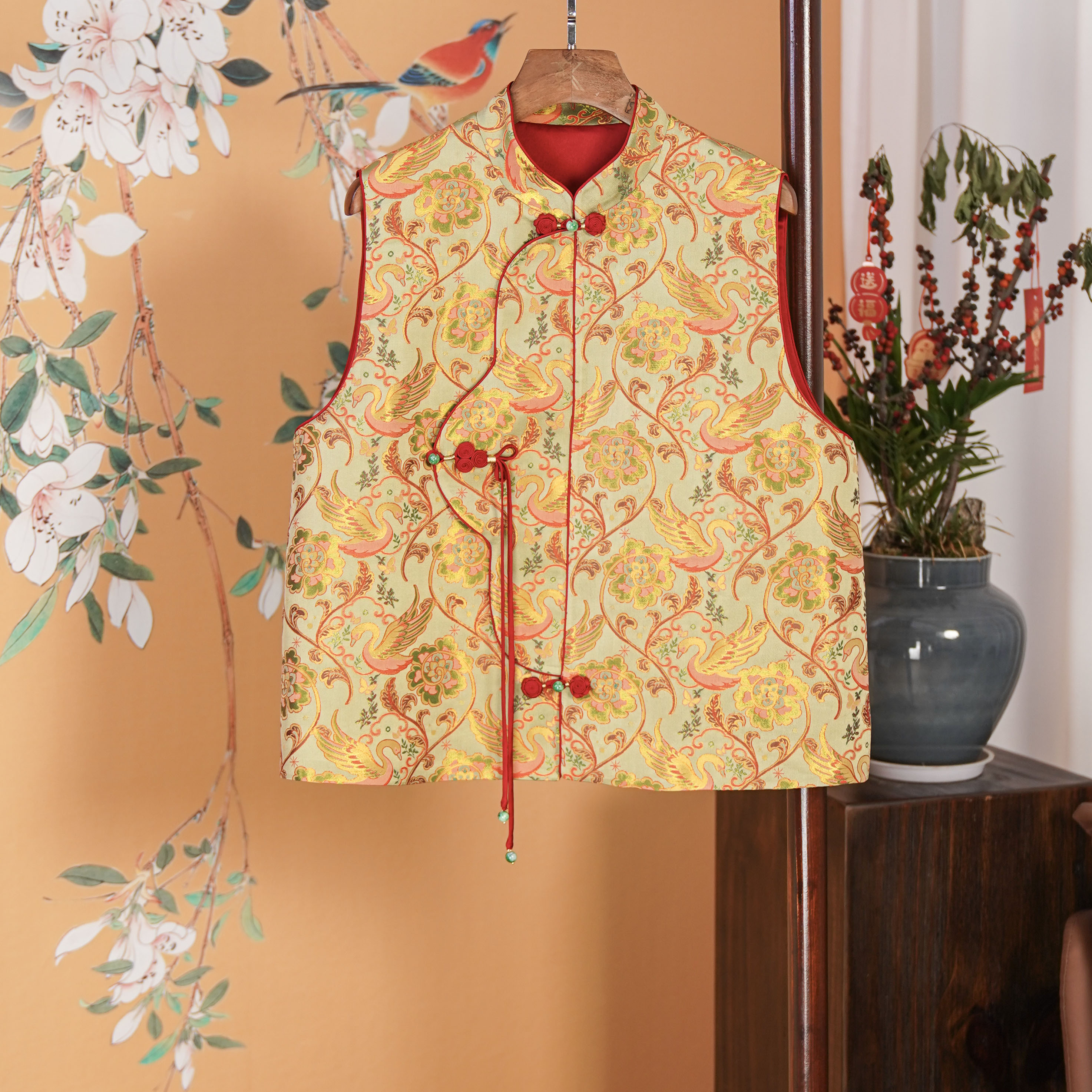 国潮新中式重磅桑蚕丝织金宋锦无袖气质百搭马甲6512864