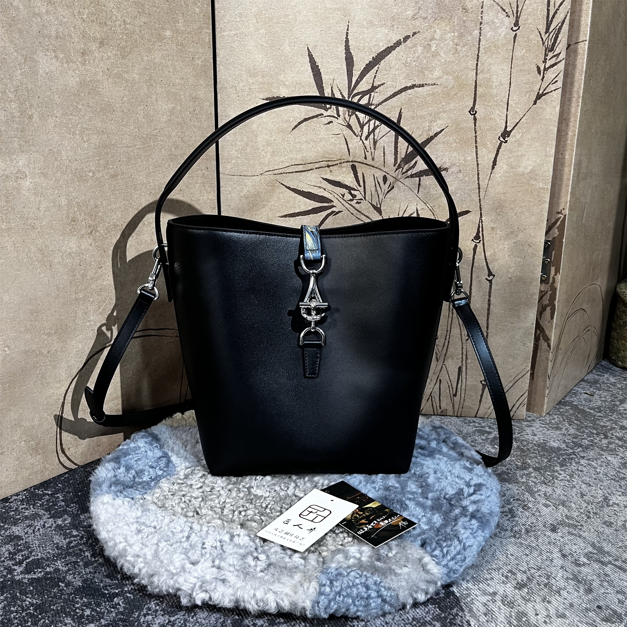 【凤翎水桶包-黄】手工原创皮雕女士真皮凤翎水桶包真皮包5Z