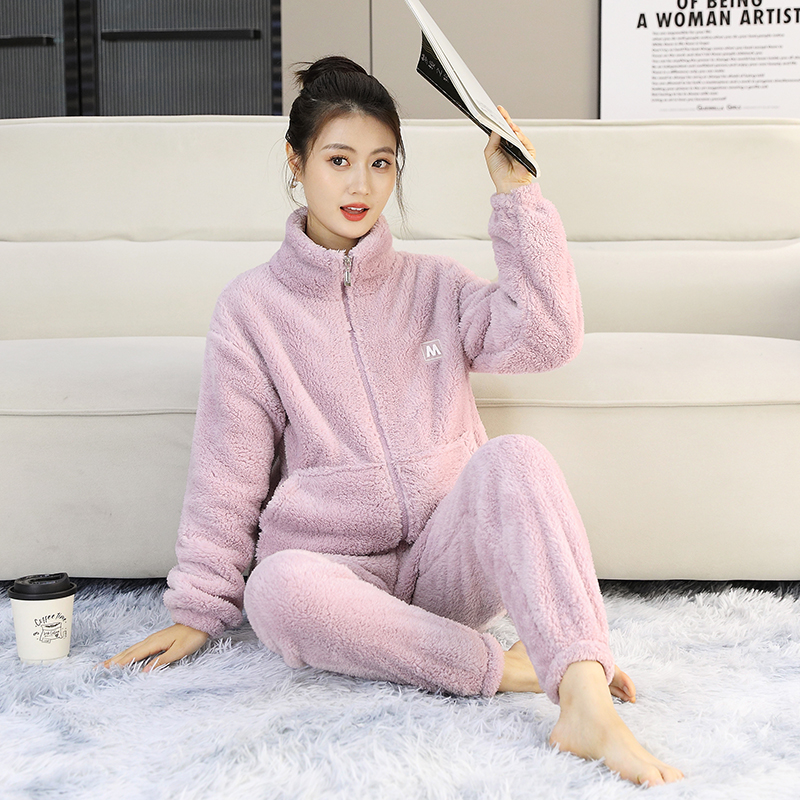 YQ125秋冬季睡衣女加绒宽松长袖保暖大码休闲家居服套装