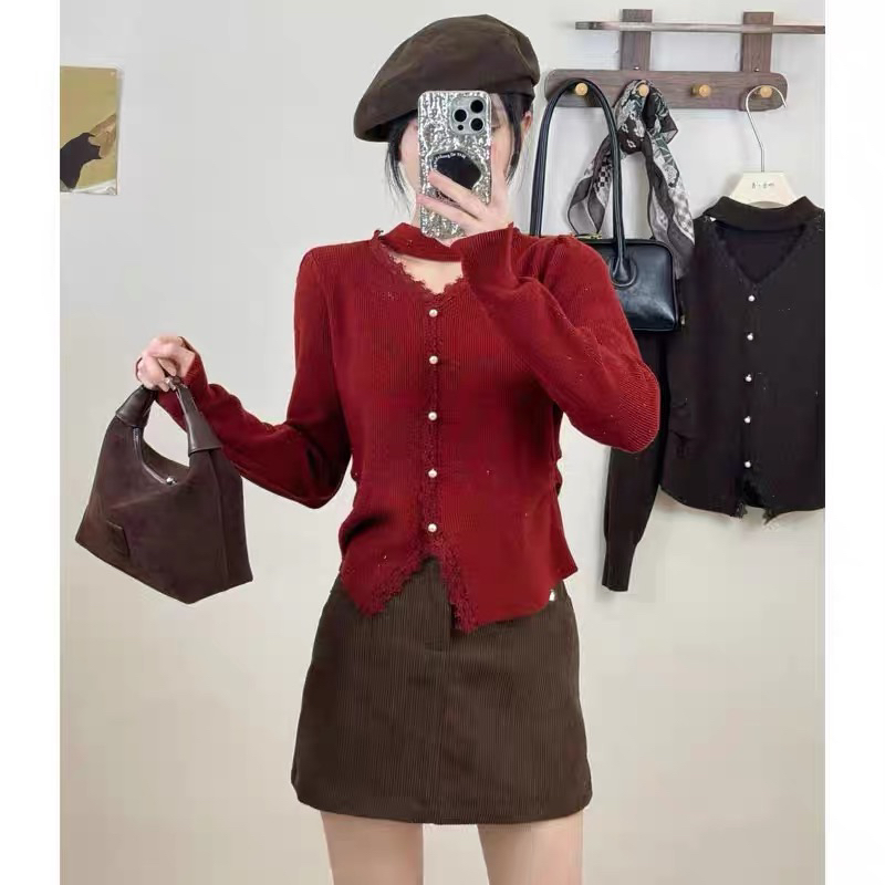 女毛针织衫白色翻领女士针织开衫针织衫长袖女装百搭