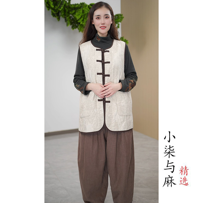 【小柒与麻】100提花亚麻盘扣圆领背心（衣长73cm胸围132cm）均码