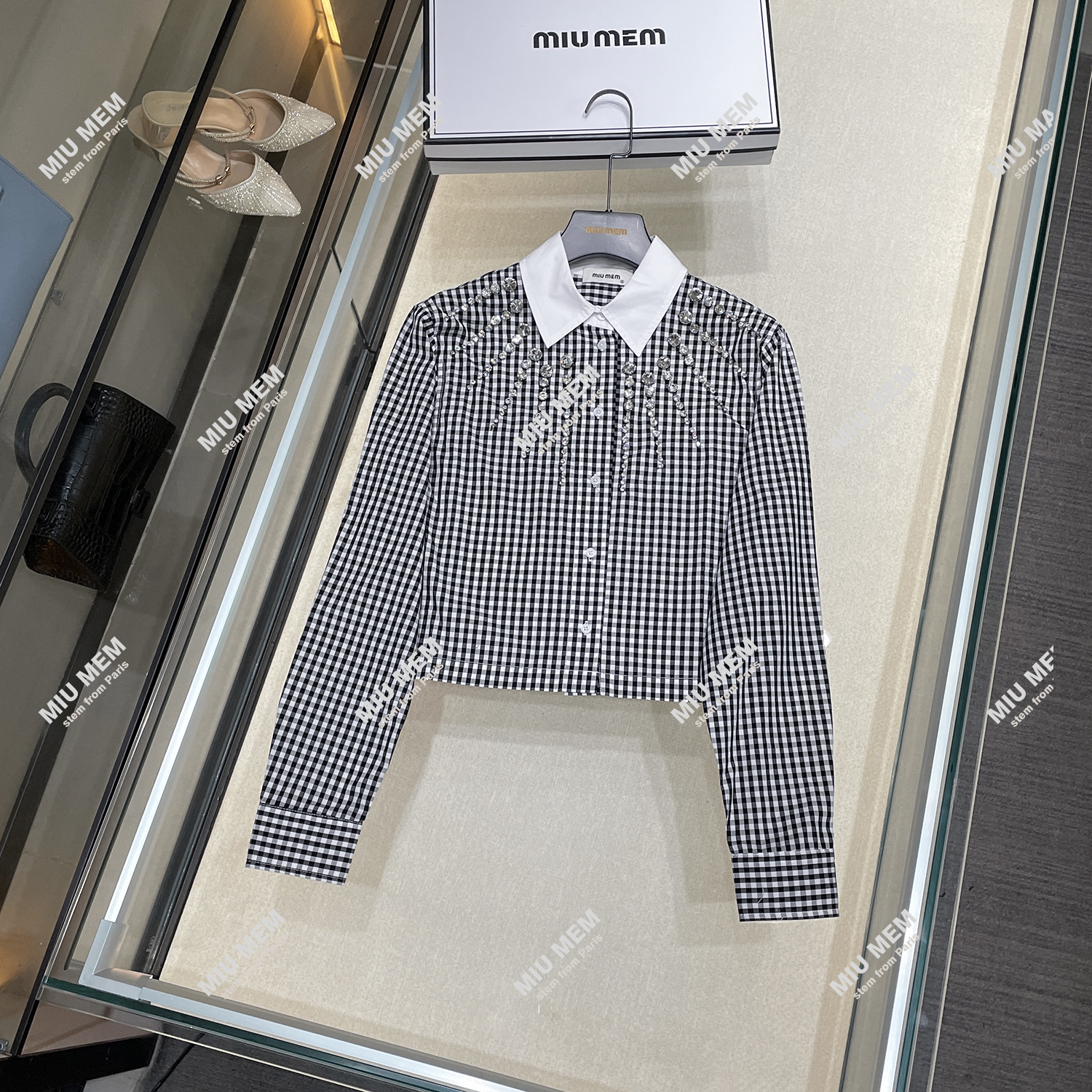 现货镶钻格子短款衬衫女秋季欧货新款复古时尚上衣DY5321