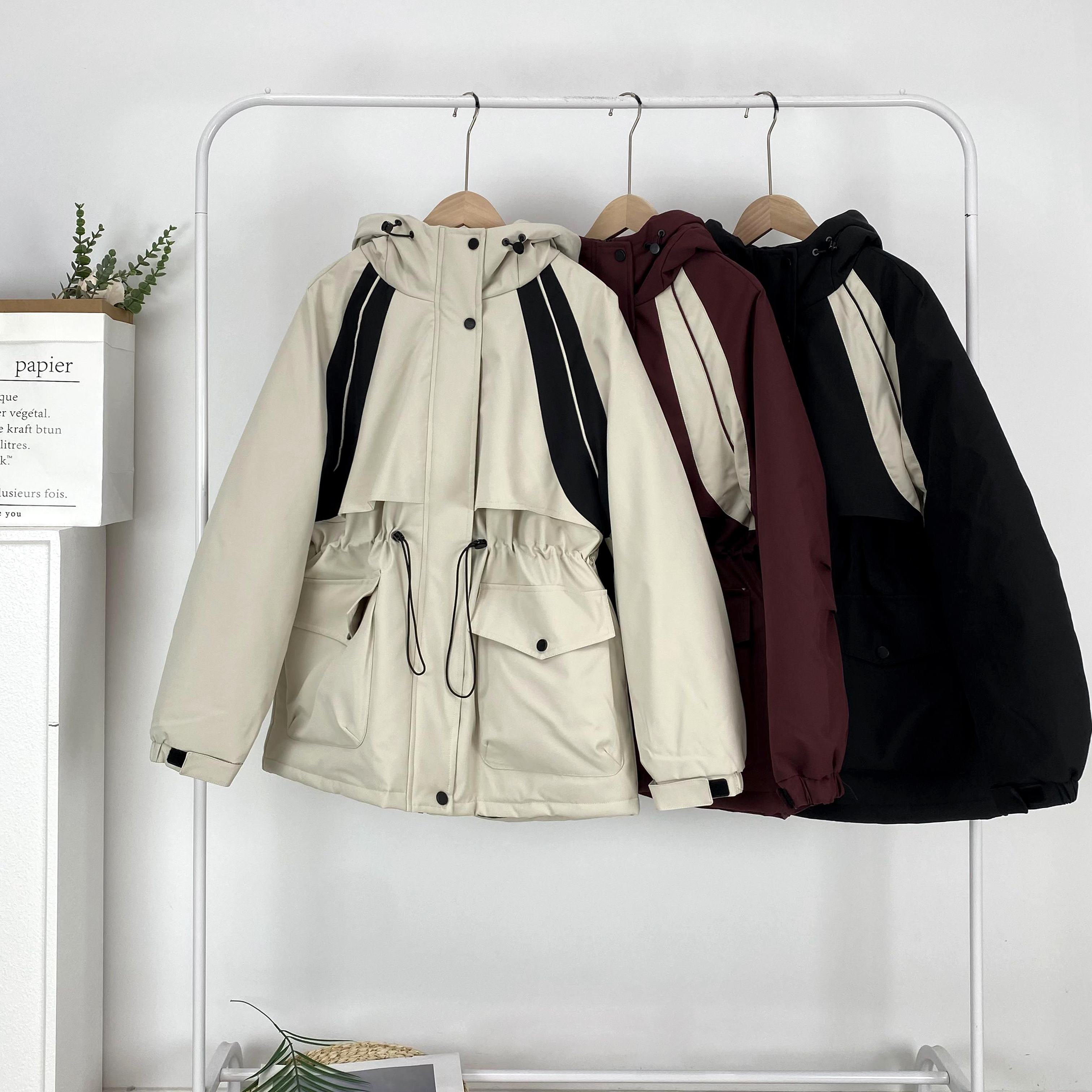 韩版撞色收腰显瘦派克服中长款女2024冬季新款加厚保暖外套8812##