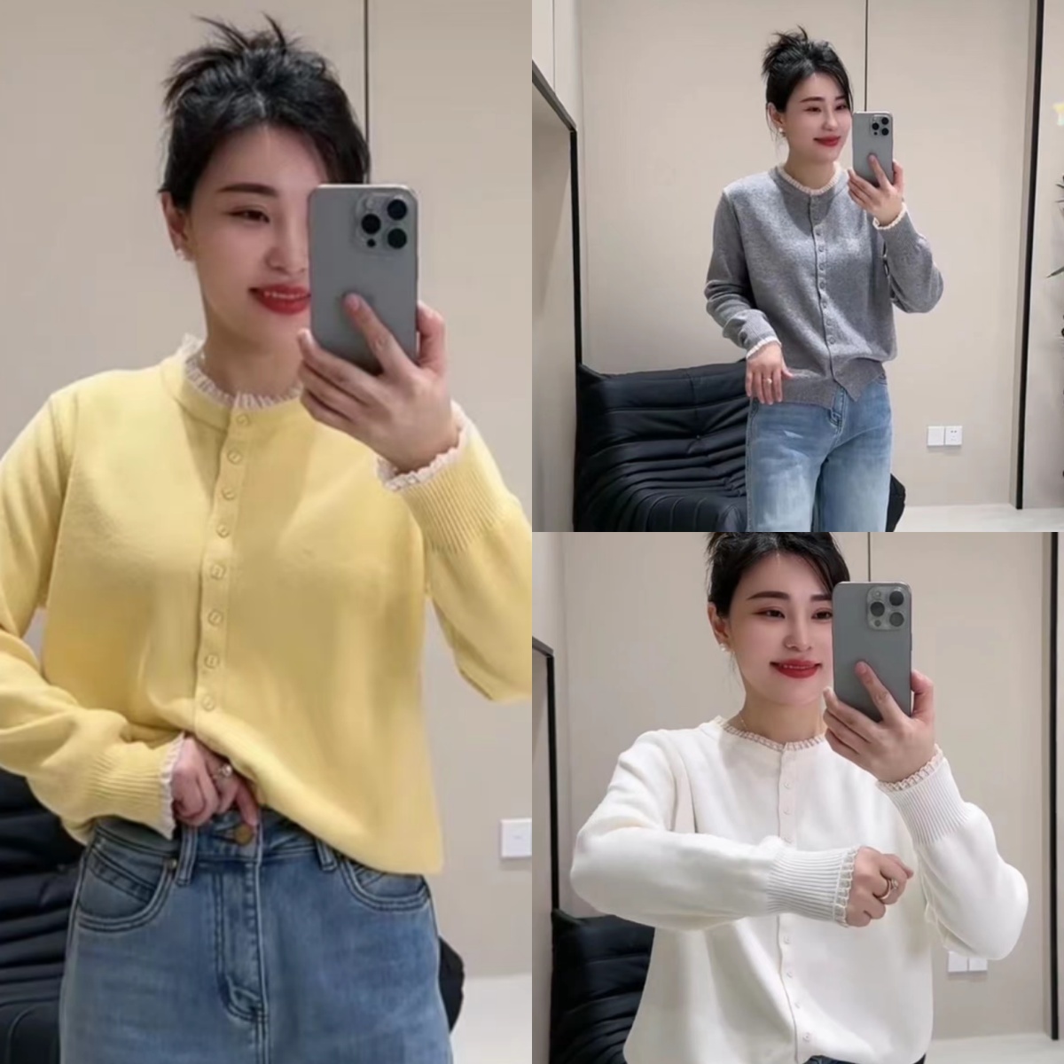 蕾丝花边排扣针织开衫8281