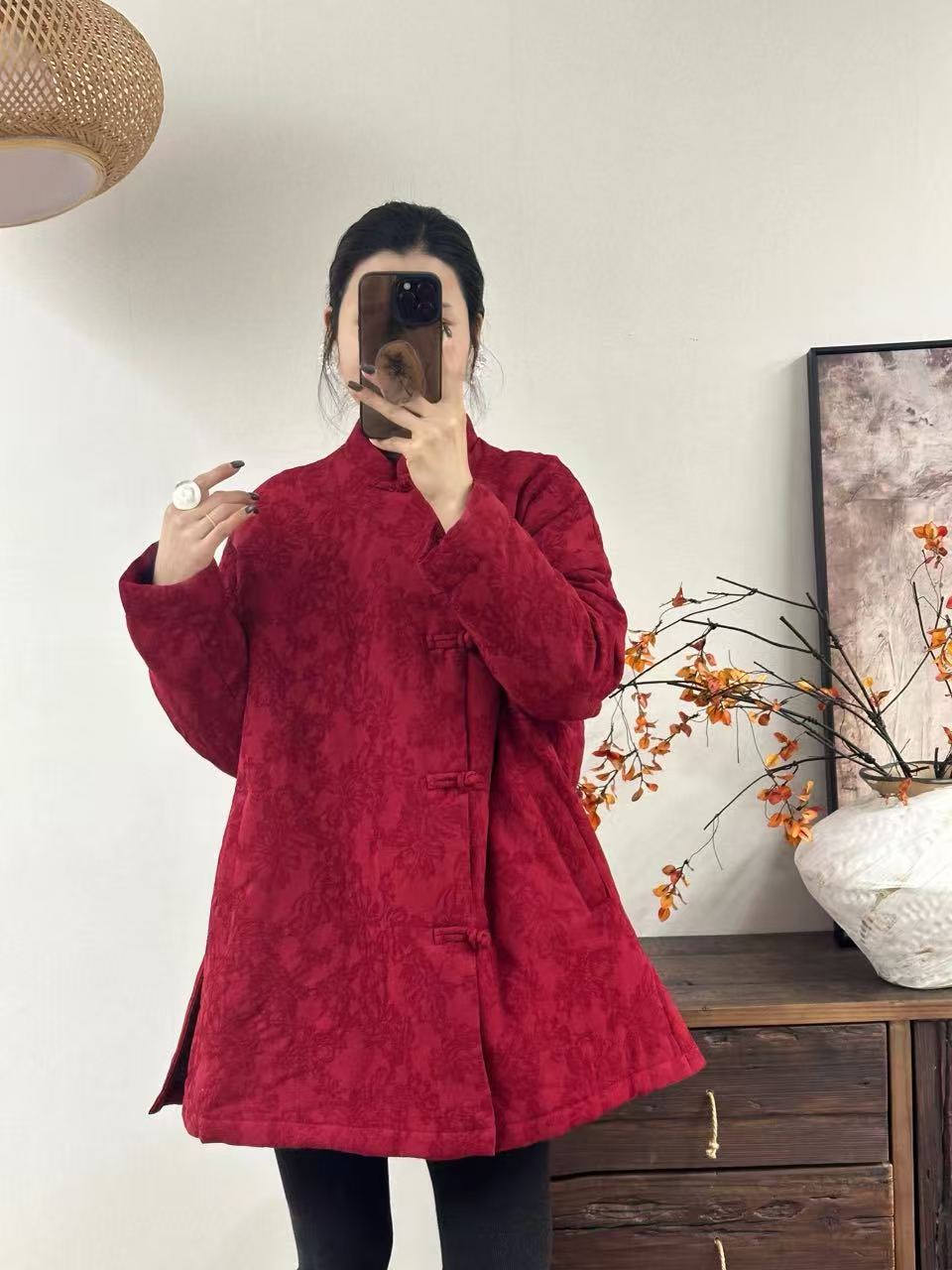 【布衣麻舍】3070提花亚麻中式盘扣偏襟夹棉开衫（衣长80，胸围140）