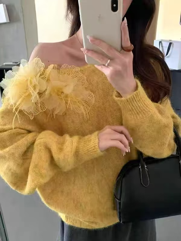 温柔慵懒风立体花朵软糯毛衣女新款别致宽松气质显瘦针织毛衣1206