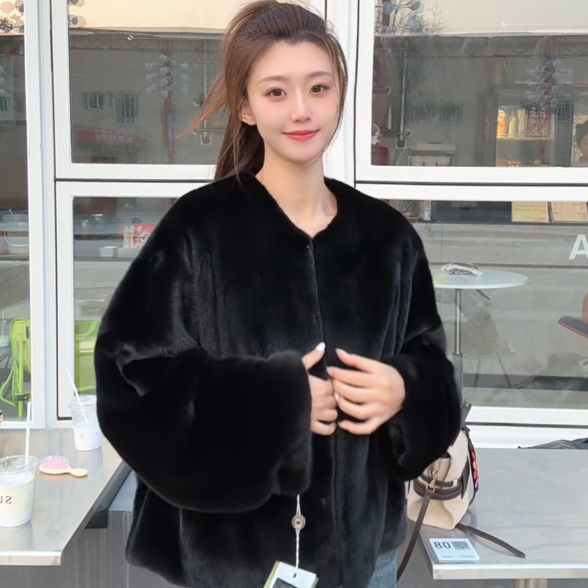 新款宝嘉美 小圆领宽松慵懒大版 水貂皮草外套