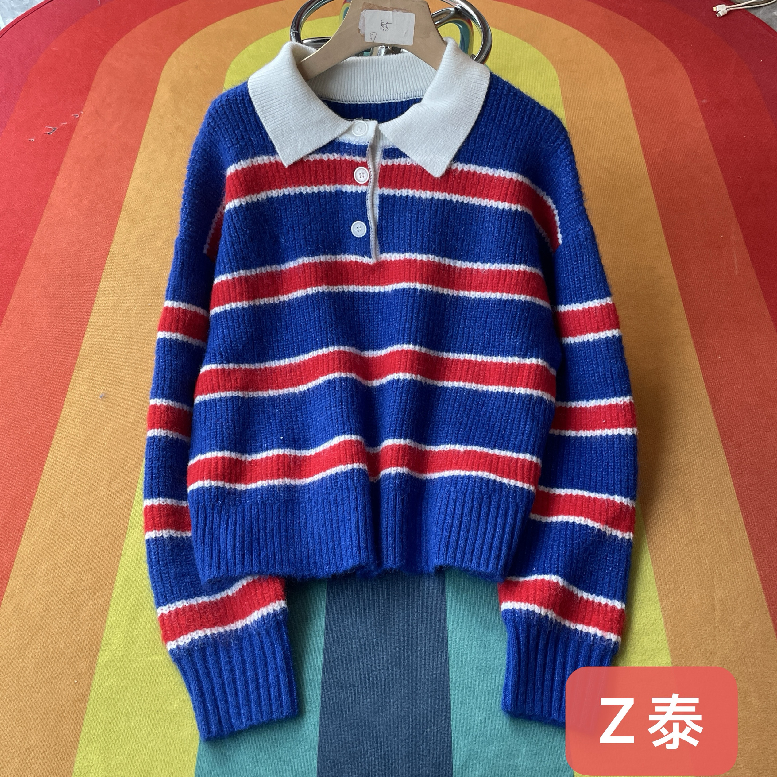 66号-撞色条纹套头毛衣女polo领慵懒宽松针织上衣