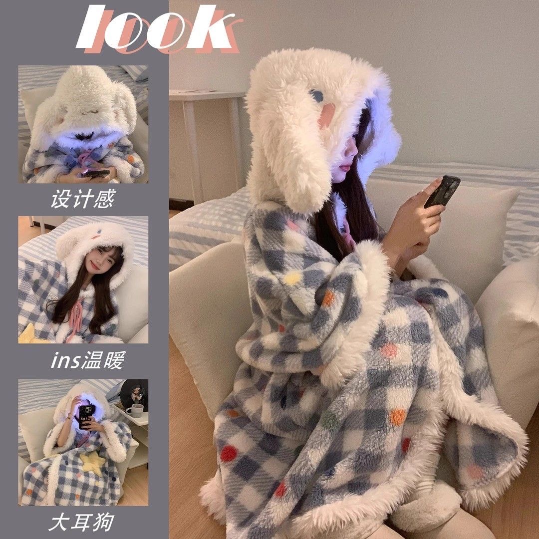 【大耳狗】冬款斗篷带袖子毛绒睡衣加厚睡衣可外穿网红时尚宽松