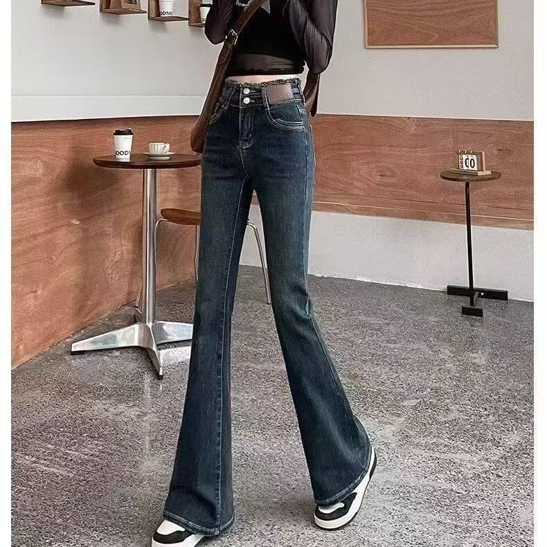 秋冬新款网红显高显瘦微辣牛仔裤裤子高腰微喇叭